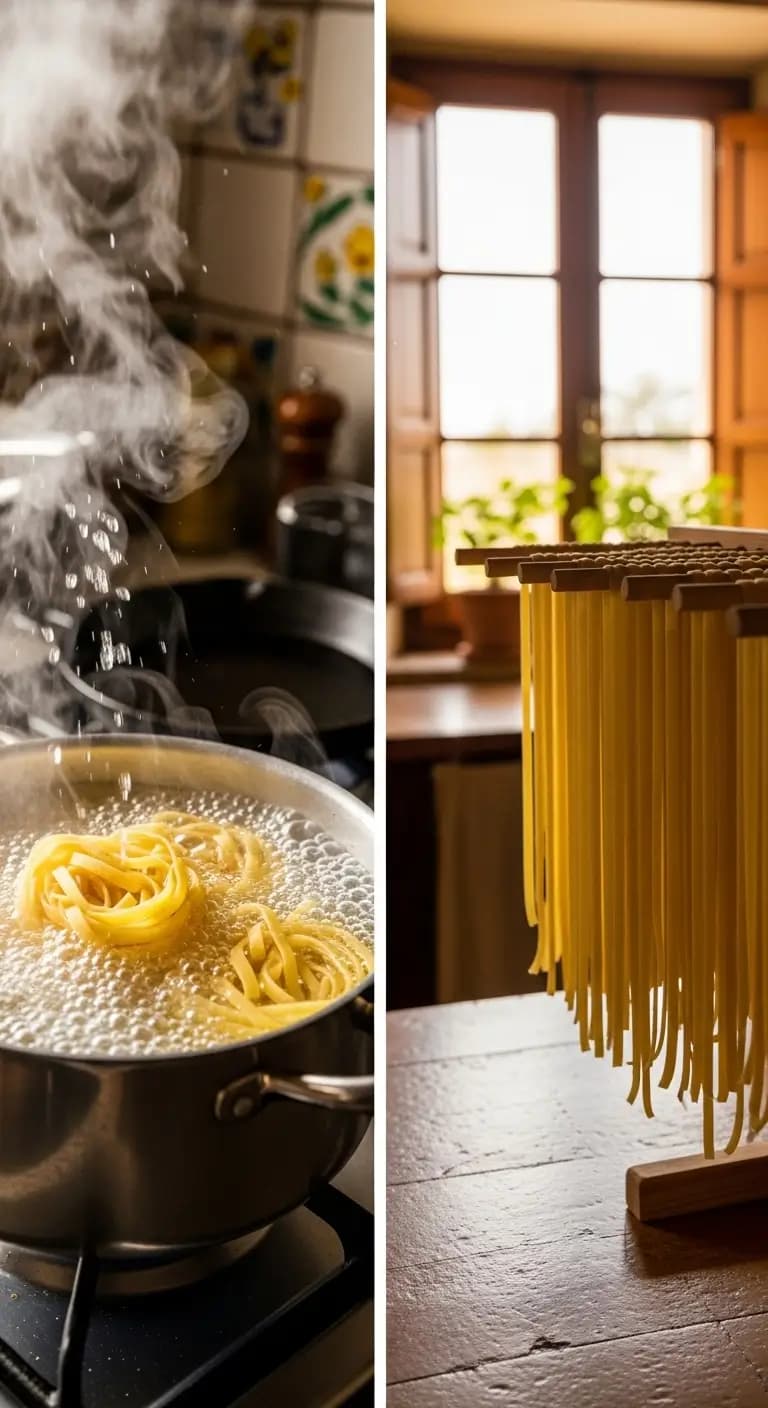 Kaslo sourdough fettuccine cooking in boiling salted water in large pot