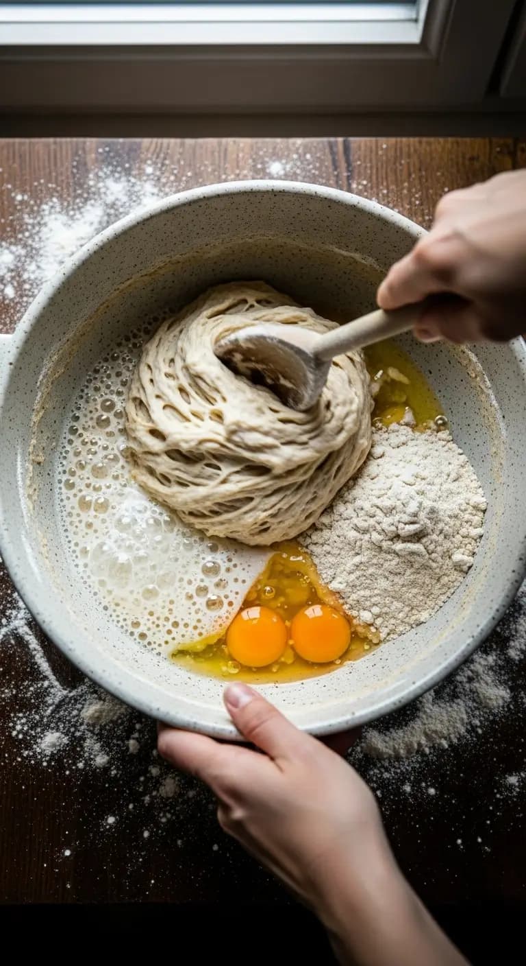 Mixing shaggy Kaslo sourdough pasta dough with active starter, eggs, and flour in large bowl