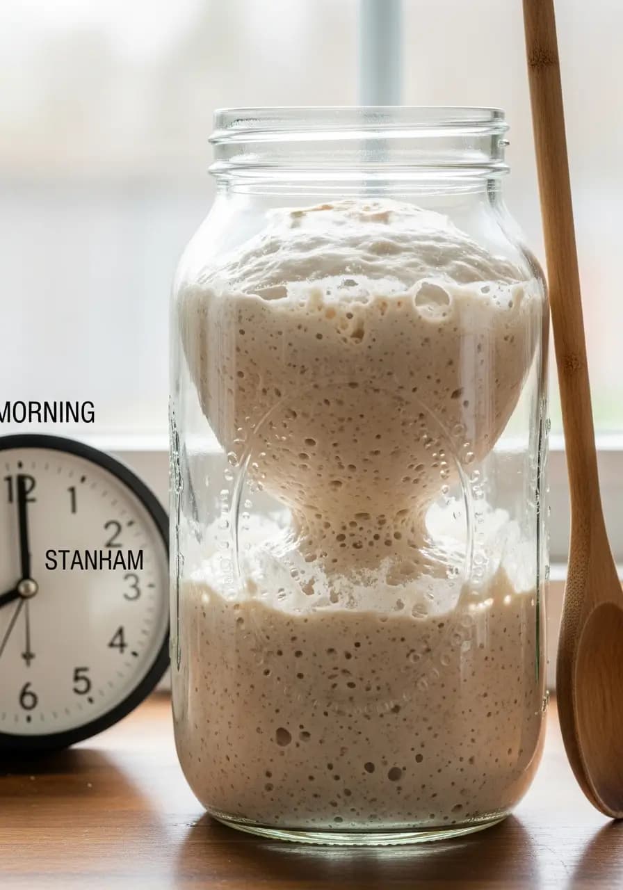 Active sourdough starter at peak doubled and bubbly ready for same day pizza dough