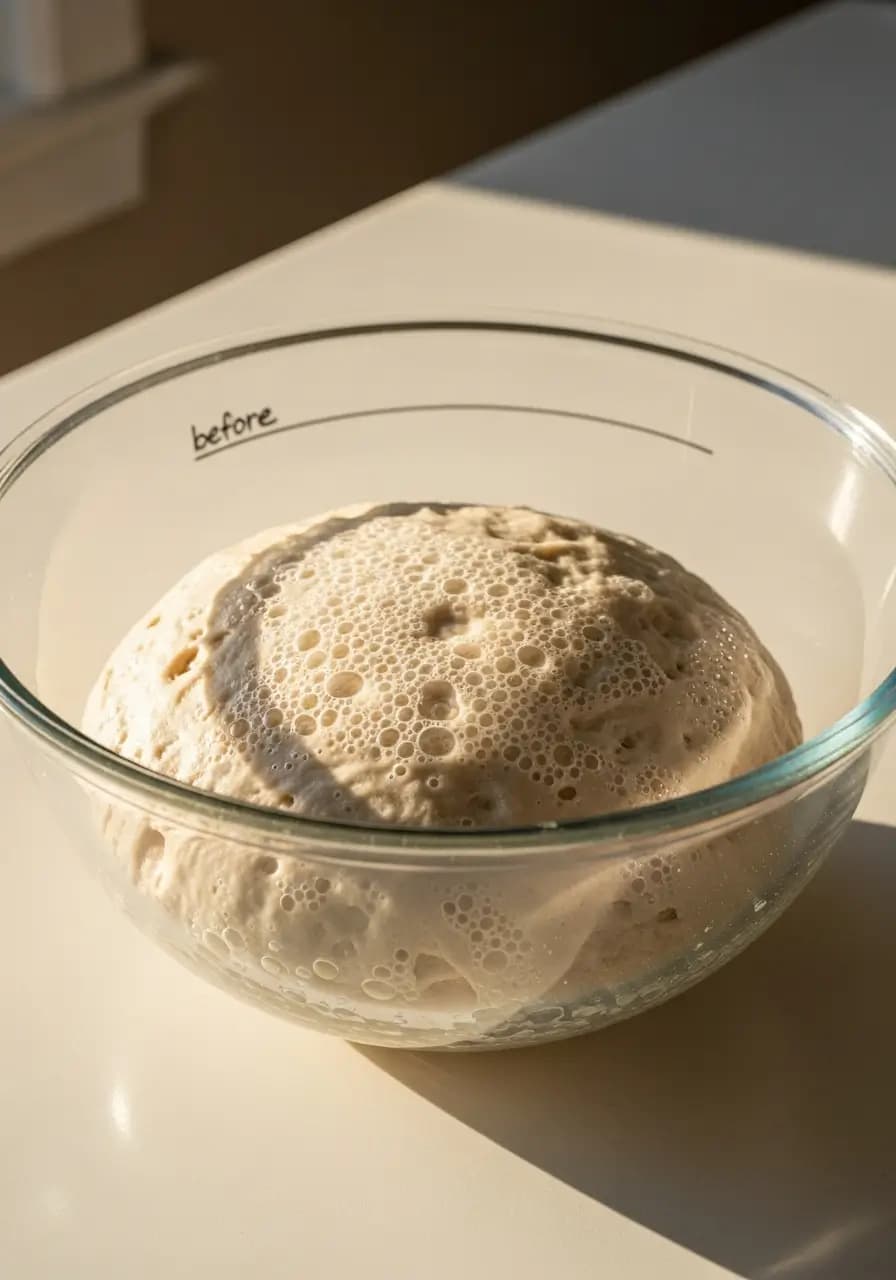 Gluten free sourdough pizza dough after first rise showing bubbles and 50-75 percent volume increase