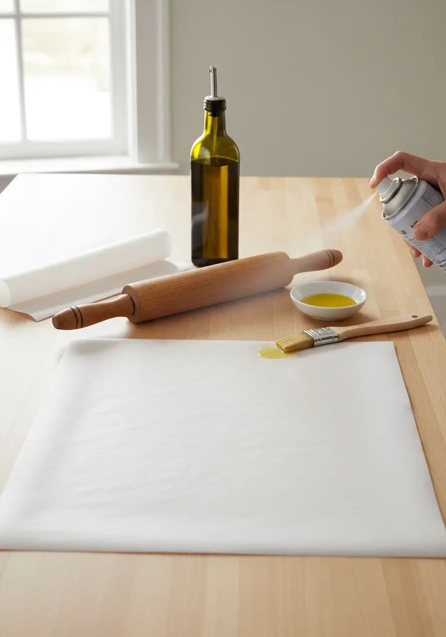 Preparing oiled parchment paper for shaping gluten free pizza dough