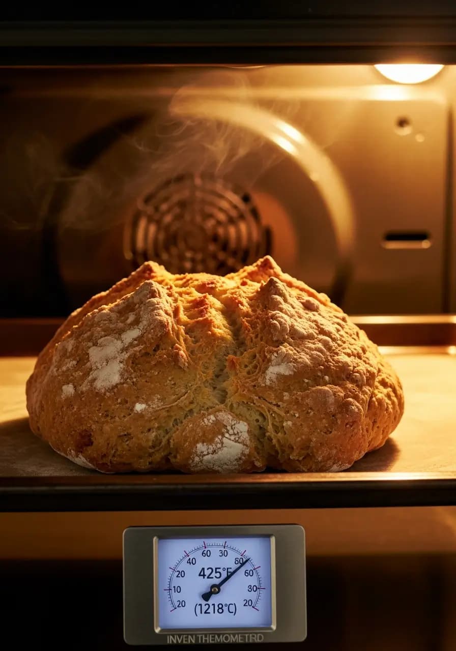 Irish soda bread baking in hot oven showing cross opening and golden brown crust developing