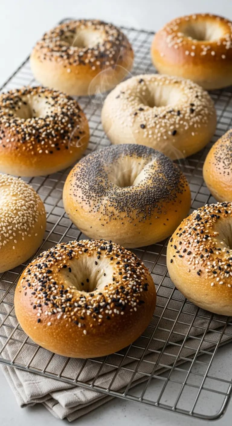 Freshly baked sourdough bagels cooling on wire rack showing golden crust and perfect shape